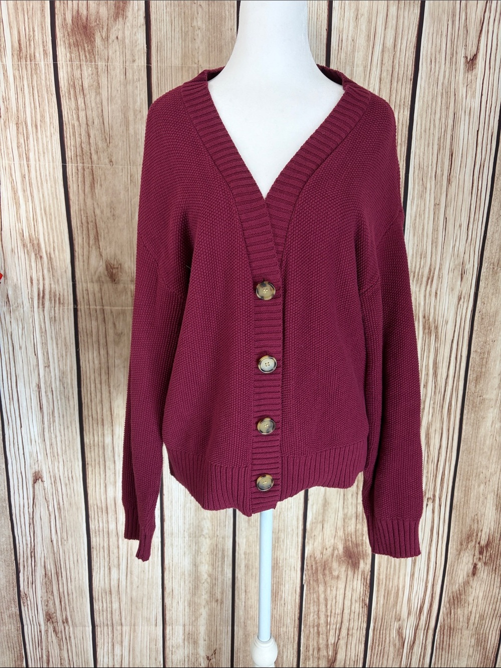 LOFT V-Neck Button Front Cardigan - Wine
